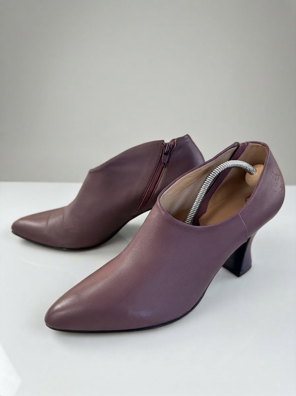 John Fluevog Pointed Toe Plum Leather Heeled Ankle Shoes.